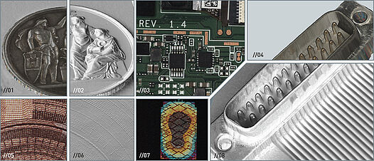 3D image with texture (01) and precise 3D reconstruction (02) of a coin; all-in-focus color image of a printed circuit board (03); 3D image with texture (04) and precise 3D reconstruction (08) of a connector; color image (05), gravure (06) and hologram (07) of a 10 Euro banknote. 