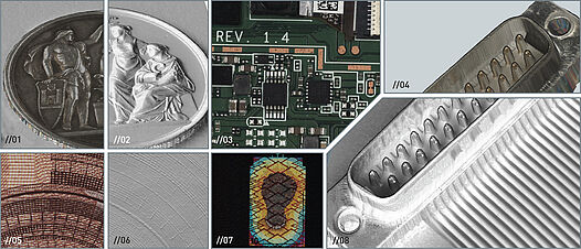 3D Aufnahme mit Textur (01) und präzise 3D Rekonstruktion (02) einer Münze; All-in-focus Farbbild einer Leiterplatte (03); 3D-Aufnahme mit Textur (04) und präzise 3D Rekonstruktion (08) eines Steckers; Farbbild (05), Tiefdruck (06) und Hologramm (07) einer 10 Euro Banknote. 