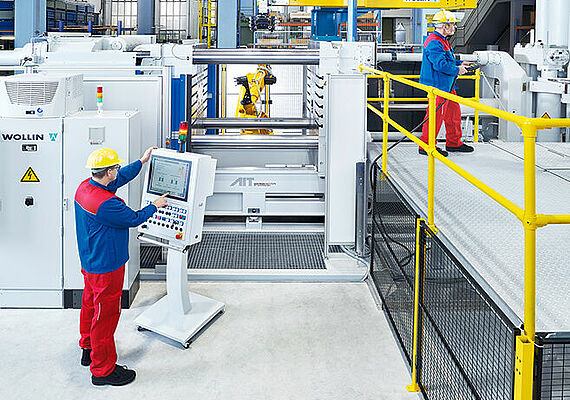 Employee using the mould casting machine