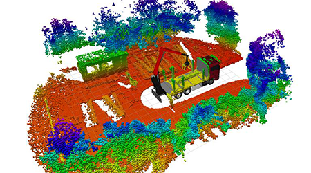 3D Punktwolke in verschiedenen Farben mit LKW, Holzverladekran und Baumstämmen