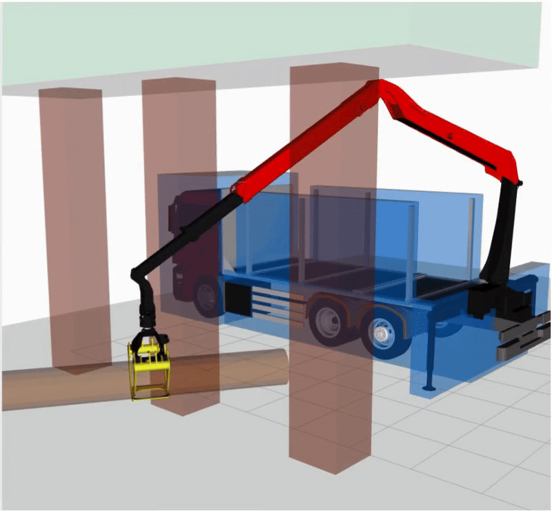 Holzverladekran auf LKW, greift einen Baumstamm, Animation